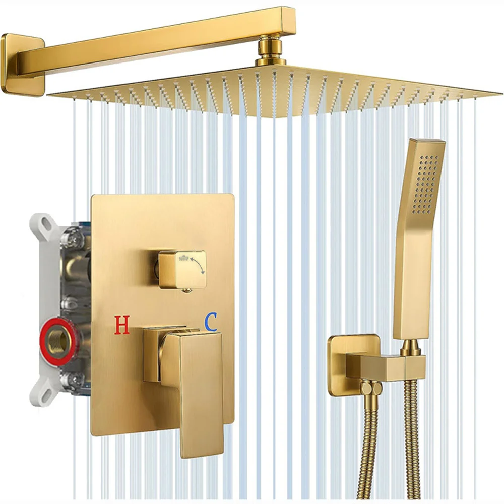 Chrome Shower Faucet Set Rainfall 12 Inch Concealed Shower System Wall Mounted Rainfall Bathroom Shower Tap With Handshower Set