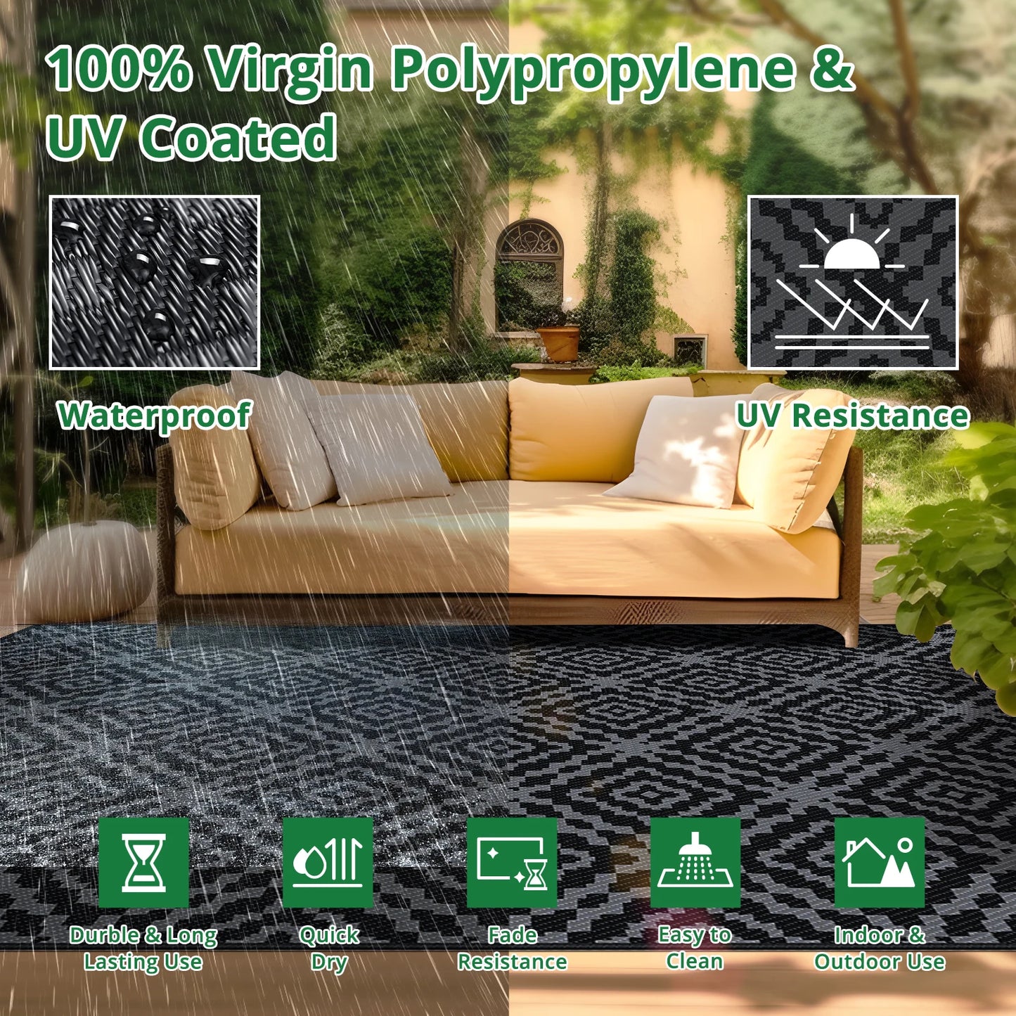 Outdoor Rug Waterproof 6x9FT Reversible Stain & UV Resistant