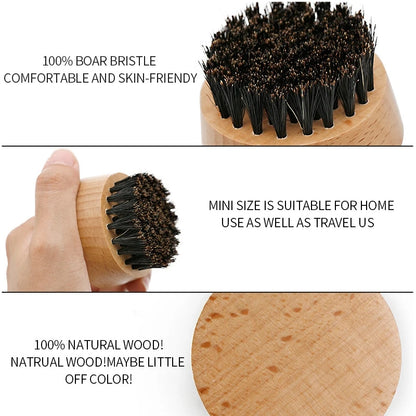 Boar Bristle Beard Brush – Portable Round Beechwood Brush for Men's Beard Care, Hair Styling & Grooming