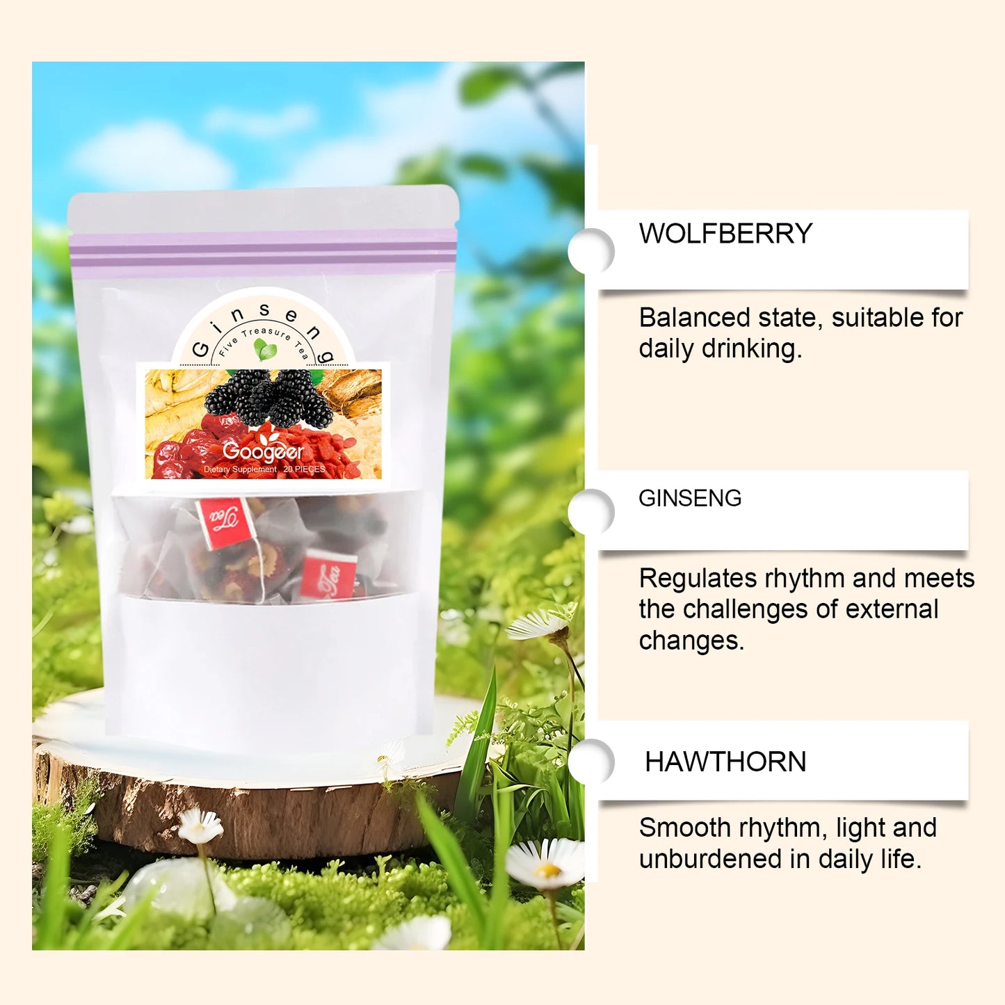 Ginseng Five Treasure Tea Natural Energy Boost Immune Support Herbal Wellness Traditional  Organic Blend Tea Daily Vitality