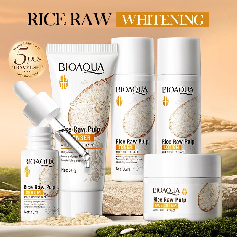 5PCS Rice Puree Rejuvenating And Moisturizing Whitening Firming Anti-aging Beauty Facial Serum Cream Toner Lotion Skincare Set