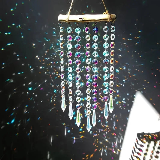 1pc Glass Suncatcher Hanging Crystal Wind Chime with Colorful Glass Bead Chains and Wooden Bead Pendant for Jewelry Making