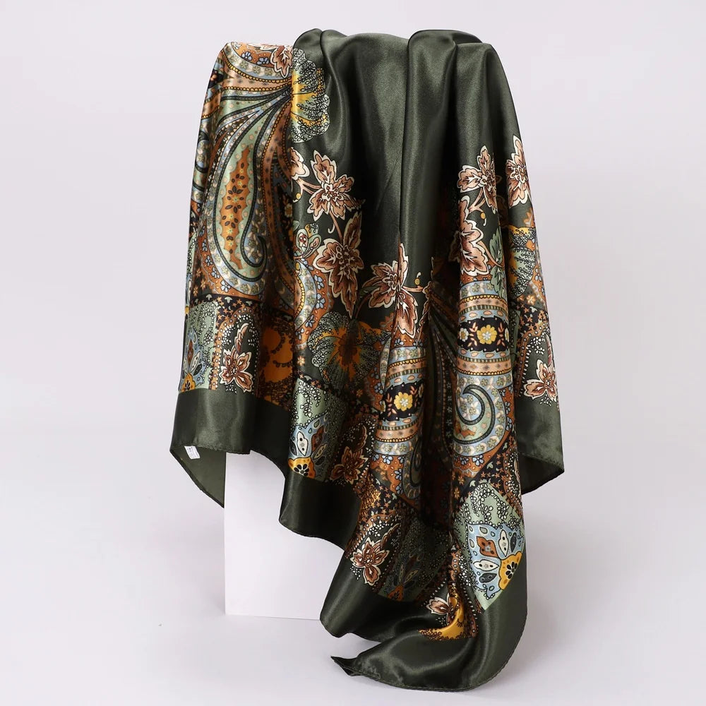 90X90 CM Fashion Print Hair Ribbon Scarf Women Girls Neck Tie Bag Silk Skinny Headscarves Ladies Floral Satin Hair Bandana Wrap