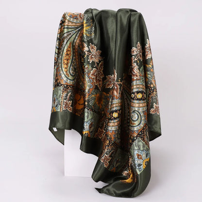 90X90 CM Fashion Print Hair Ribbon Scarf Women Girls Neck Tie Bag Silk Skinny Headscarves Ladies Floral Satin Hair Bandana Wrap