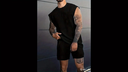 Men's Sleeveless Muscle Shirt -100% Cotton Breathable Fitness Tank Top with CHAMPION Printed Round Neck and Umbrella Bottom