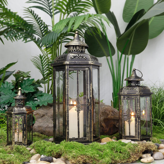 Set of 3 Decorative Candle Lanterns 20''&14"&10" H Outdoor Candle Lanterns Vintage Metal Cand leholder （Black with Gold Brush)