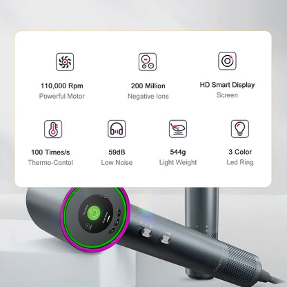 High-Speed Hair Dryer 110000RPM Leafless Negative Ion Hair Care Quick Dry Home Hairdryer 5 Smart Modes HD Screen Hot/Cold Dryer
