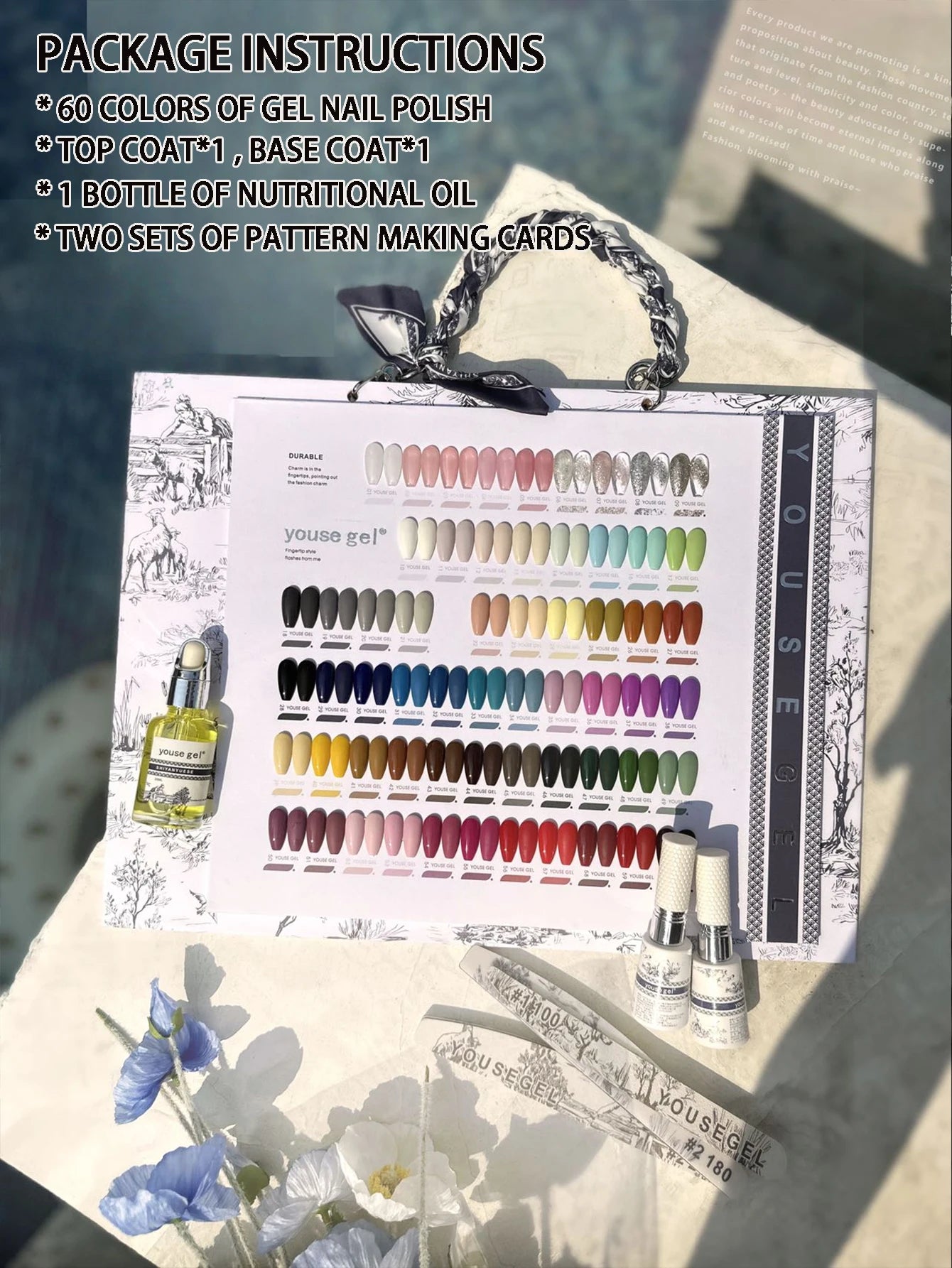 Nail salon gel polish kit, 60 colors of gel polish, 3 nail files, nail cutter oil, and a color chart for display.