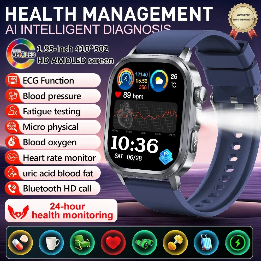 New Accurate Blood Pressure Smart Watch Uric Acid ECG+PPG Blood Oxygen Body Analysis Body Fat LED Flashlight smart watches 2025