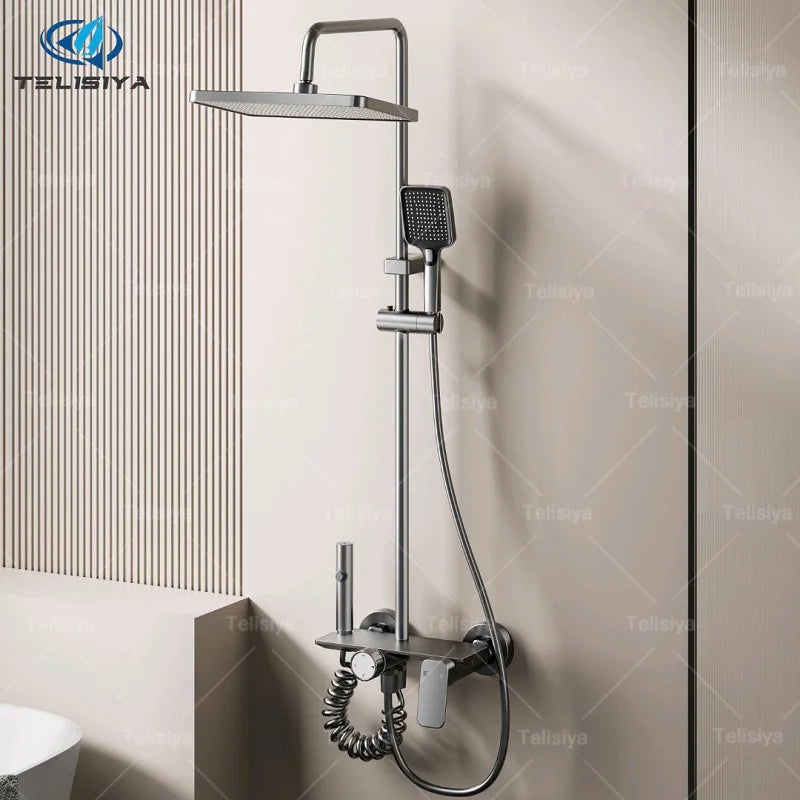 Multifunction Bathroom Shower System Set Hot and Cold Water Household Rotary Knob Pressurize Aluminum Gunmetal Gray Shower Set