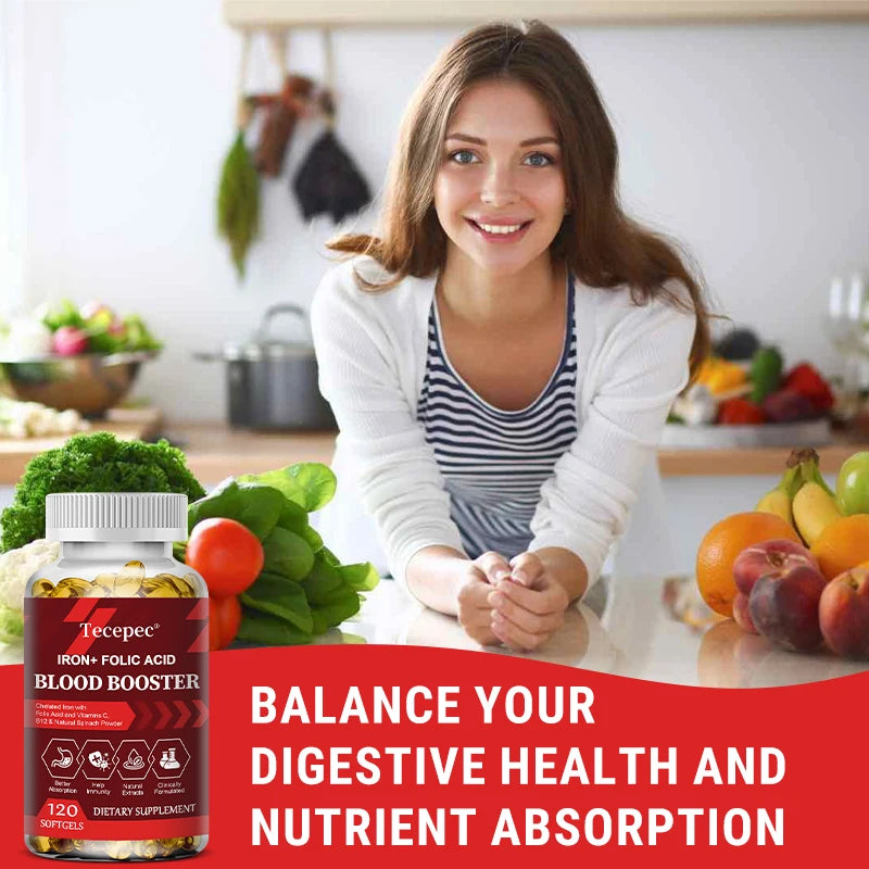 Iron + Folic Acid Supplement, with Vitamin C, B12 & Zinc, Blood Strengthener, Circulation Support Immune Support