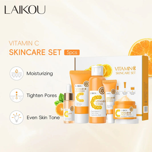 Vitamin C Skincare 5pcs Set Facial Care Brightening Essence Cream Serum Cleanser Toner Eye Cream Moisturizing