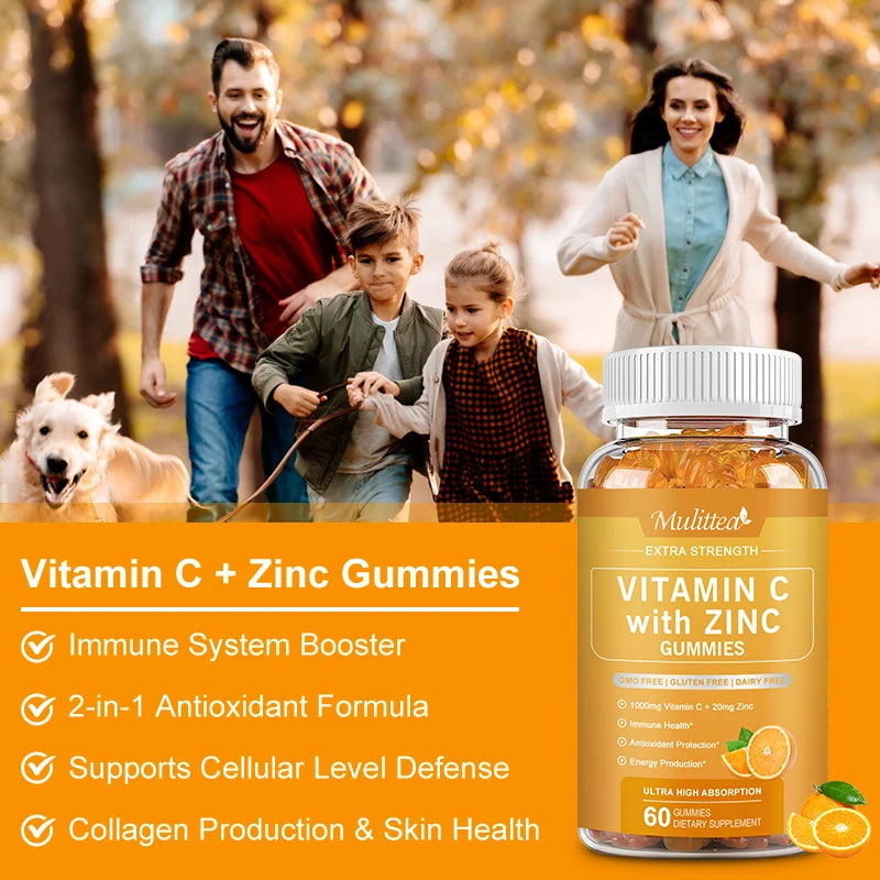 Mulittea Vitamin C with Zinc Gummies For Antioxidant Whitening Collagen Improve Immunity Skin healthDaily nutritional supplement