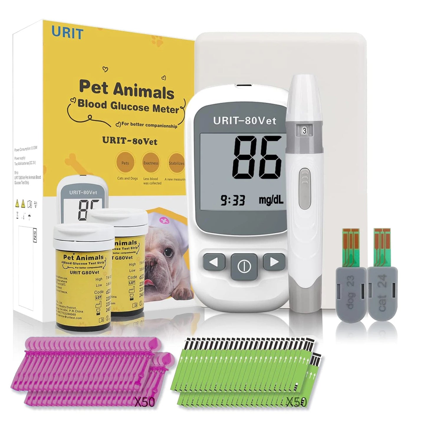 Glucose Monitoring Kit for Dogs & Cats, Pet Blood Sugar Monitor with Pain-Free & Easy Shuttle, No-Coding Kits with 50 Strips