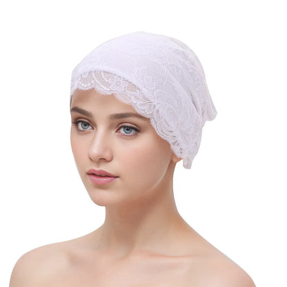 Fashion Women Tie Straps Lace Turban Hat Muslim Under Scarf Hijab Cap Islamic Female Head Wraps Lady Hair Loss Beanie Bonnet
