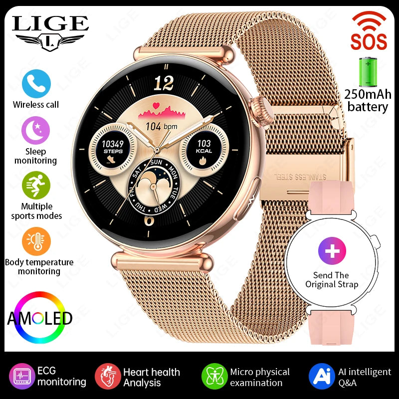 LIGE ECG Smart Watch For Women AMOLED Blood Uric Acid Lipid AI-GPT Heart Rate Sleep Health Monitor SOS Bluetooth Call Smartwatch