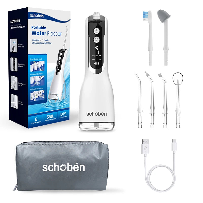 Schoben Portable Oral Irrigator USB Rechargeable Water Flosser Dental Water Jet 330ML Water Tank IPX7 Waterproof Teeth Cleaner