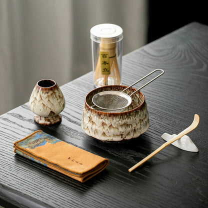 7pcs Set of Kiln-Transformed Glaze Ceramic Matcha Bowl with Tea Spoon, Filter, and  Matcha Brush For Matcha Latte Tea Ceremony