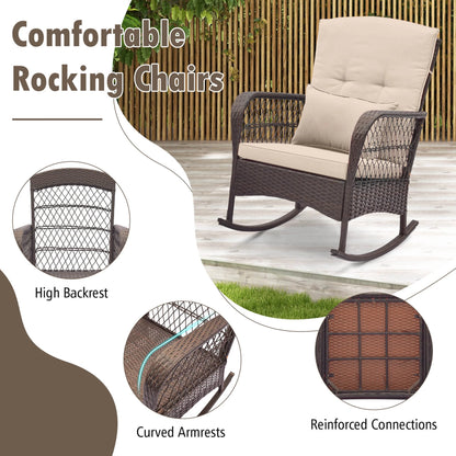 3 PCS Patio Rocker Set Outdoor Wicker Rocking Chairs with Double-Layer Coffee Table Beige
