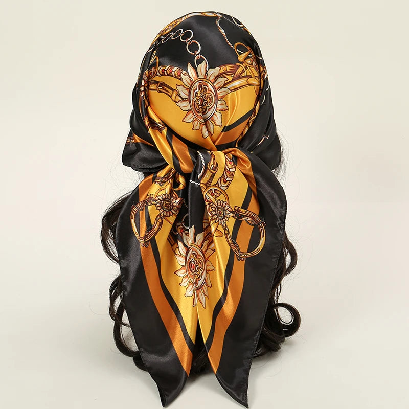 Handkerchiefs Hair Silk Scarf 90*90cm Print Satin Big Square Silk Scarves Shawls for Women Luxury Brand Designer Hijab Headband