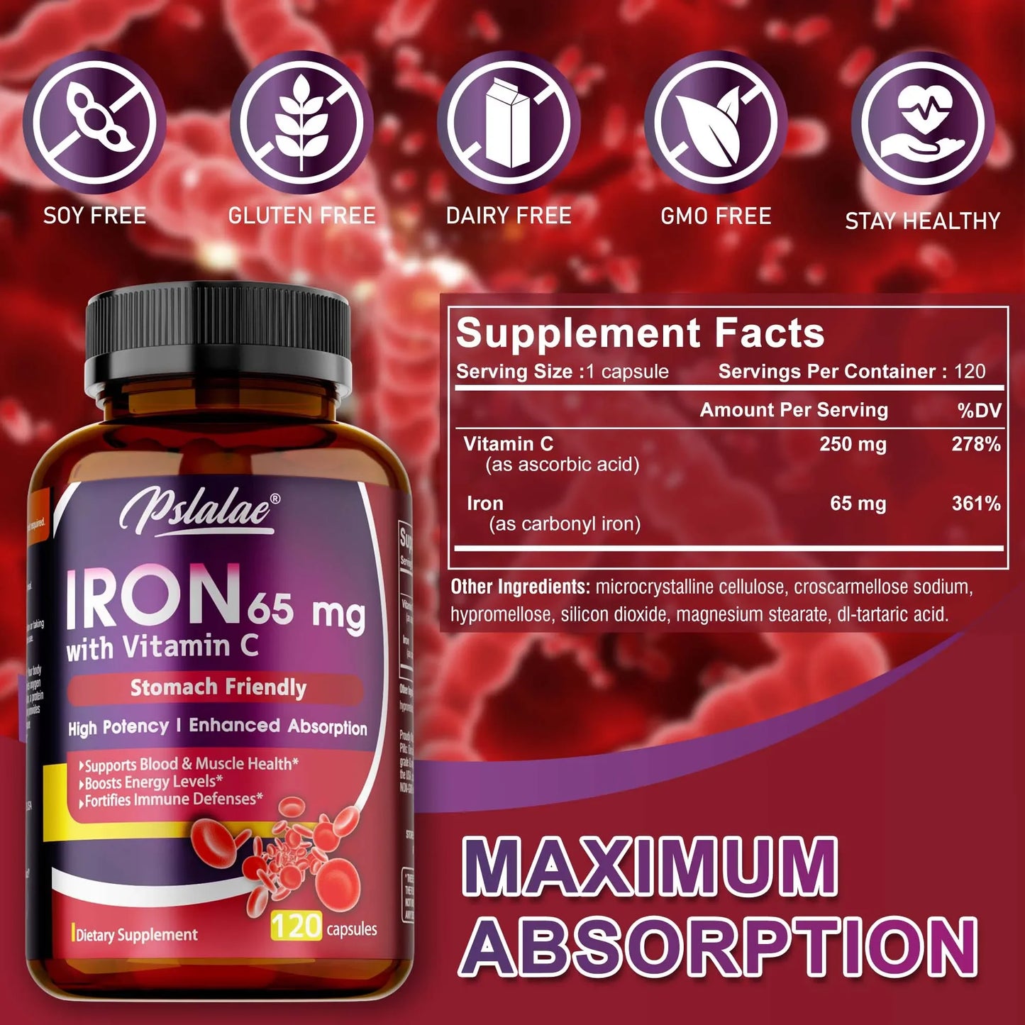 Iron Supplement 65 mg with Vitamin C - Maximized Absorption, Increase Energy, and Improve Immune Function