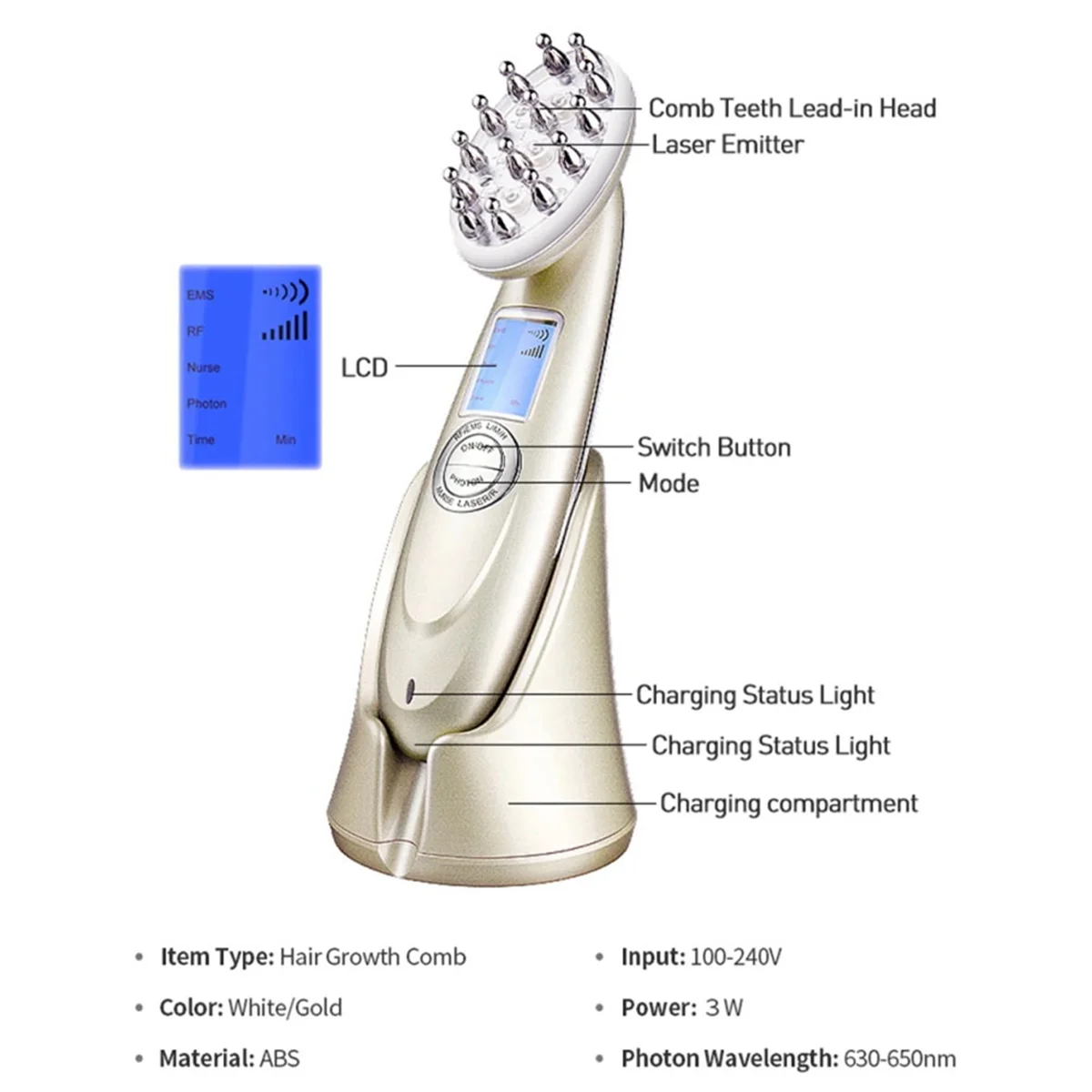 A66I Infrared EMS Radio Frequency Vibration Anti-Dropping Massager Scalp Massage Comb Micro-Current Hair Care Hair Loss