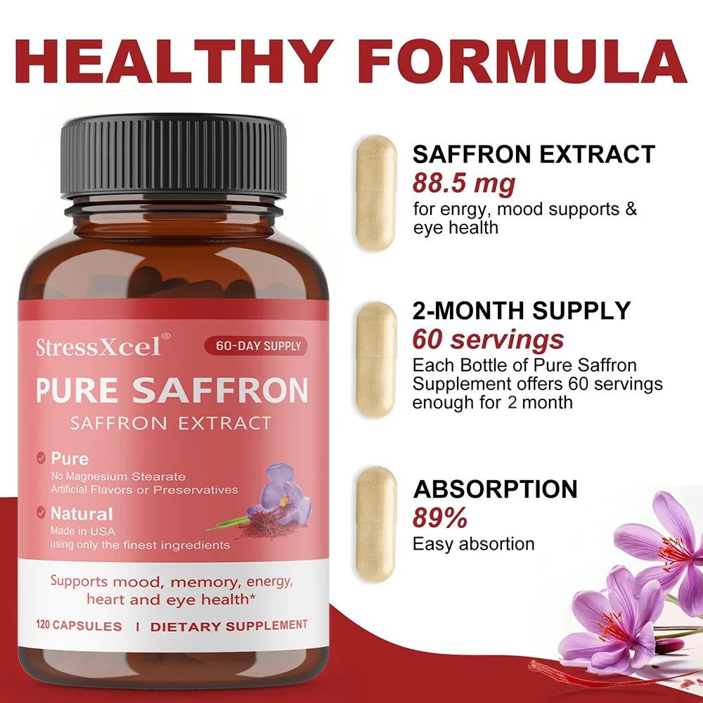 Saffron Supplements - Pure Saffron Extract Capsules - Boost Energy & Mood, Support Eye & Heart Health,Natural,GMO-Free