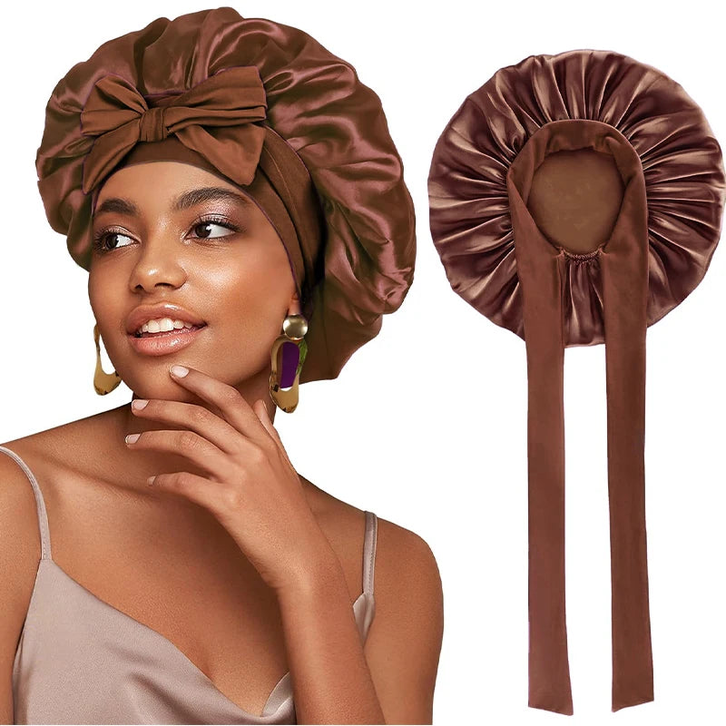 New Silky Bonnet With Elastic Tie Band Hair Bonnet For Sleeping Shower Cap Reusable Adjusting Hair Care Wrap Cap Sleep Caps