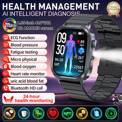 New Accurate Blood Pressure Smart Watch Uric Acid ECG+PPG Blood Oxygen Body Analysis Body Fat LED Flashlight smart watches 2025