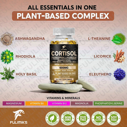Cortisol Supplement, Hormone Balance, Magnesium, Ashwagandha, Rhodiola, L-Theanine, Vitamin B6 & B12, Mood, Focus, Sleep Support