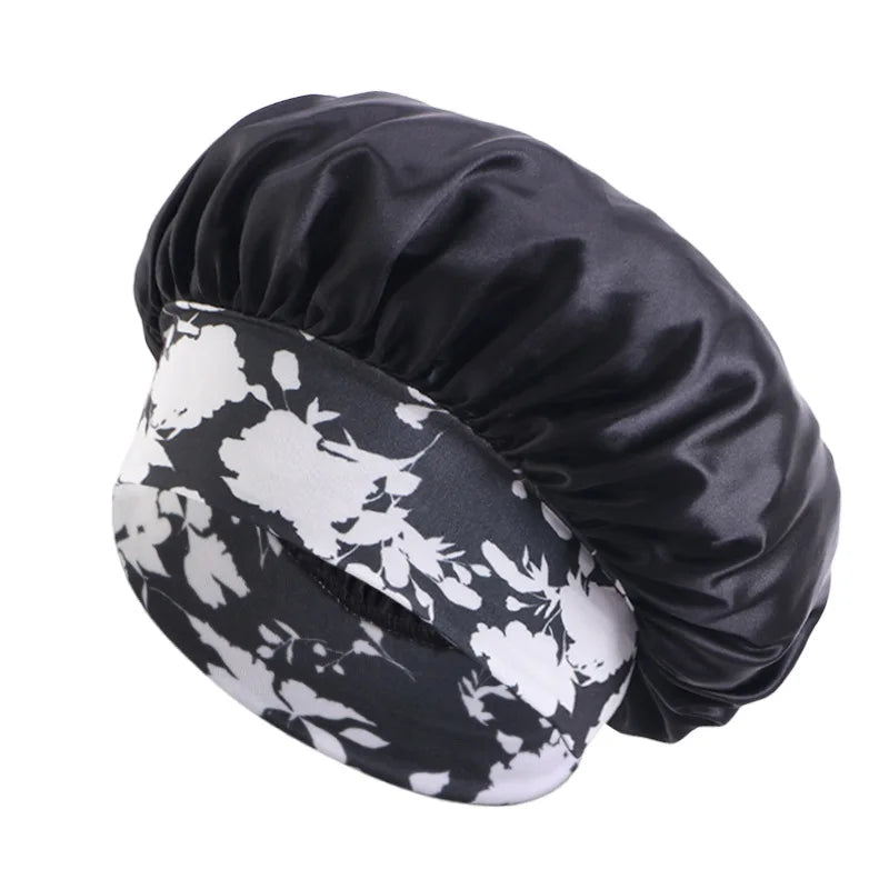 Women's Fashion Bonnet Flower Printed Hair Hat with Wide Edge Elastic Silk Smooth Satin Face for Daily Home Sleep Hat Hair Wrap
