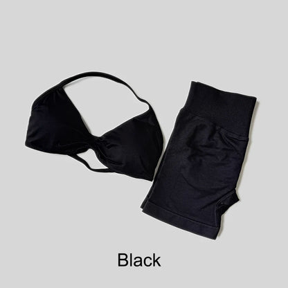 Yoga Set Fitness Gym Women Solid High Waist Peach Short Legging Halter Neck Sport Bra Athletic Gym Suit
