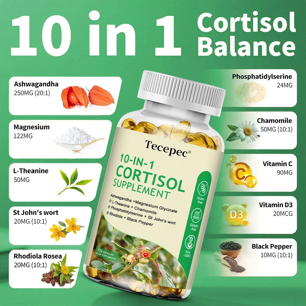 10-IN-1 Cortisol Supplement  for Women Men,with Ashwagandha, Magnesium,L-Theanine,Balanced Cortisol Levels, Night & Calm Support