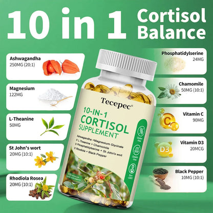 10-IN-1 Cortisol Supplement  for Women Men,with Ashwagandha, Magnesium,L-Theanine,Balanced Cortisol Levels, Night & Calm Support