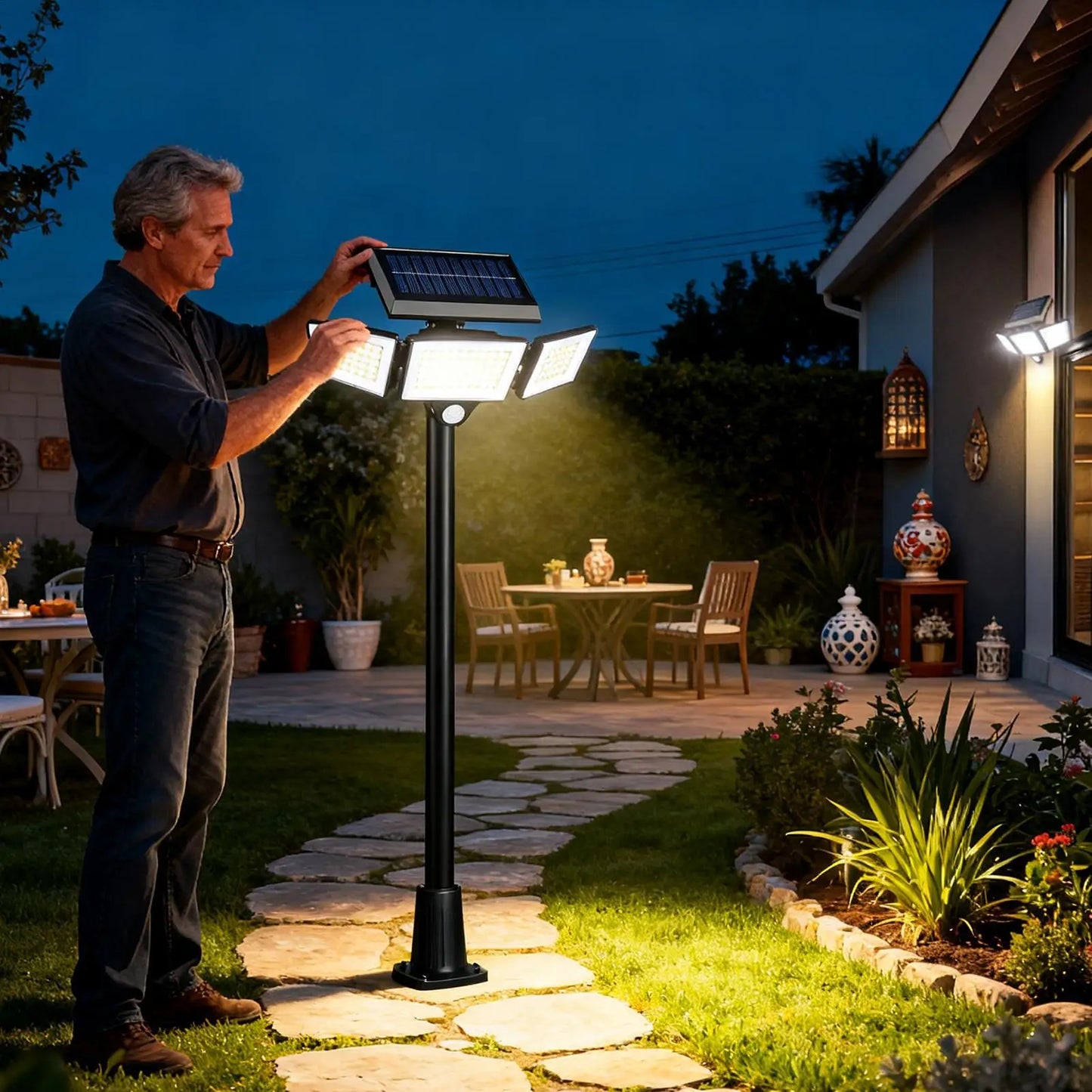 Solar Lights With Remote Motion Sensor 2500 LM Waterproof Lamp 3-Heads Outdoor Solar Yard Lights For Outside Garden Patio Yard