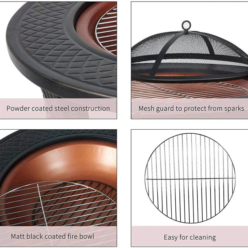 32-inch Fir Pit Bowl With BBQ Grill Camping Firepit Set Wood Burning Fireplace Outdoor Garden Heating Pit