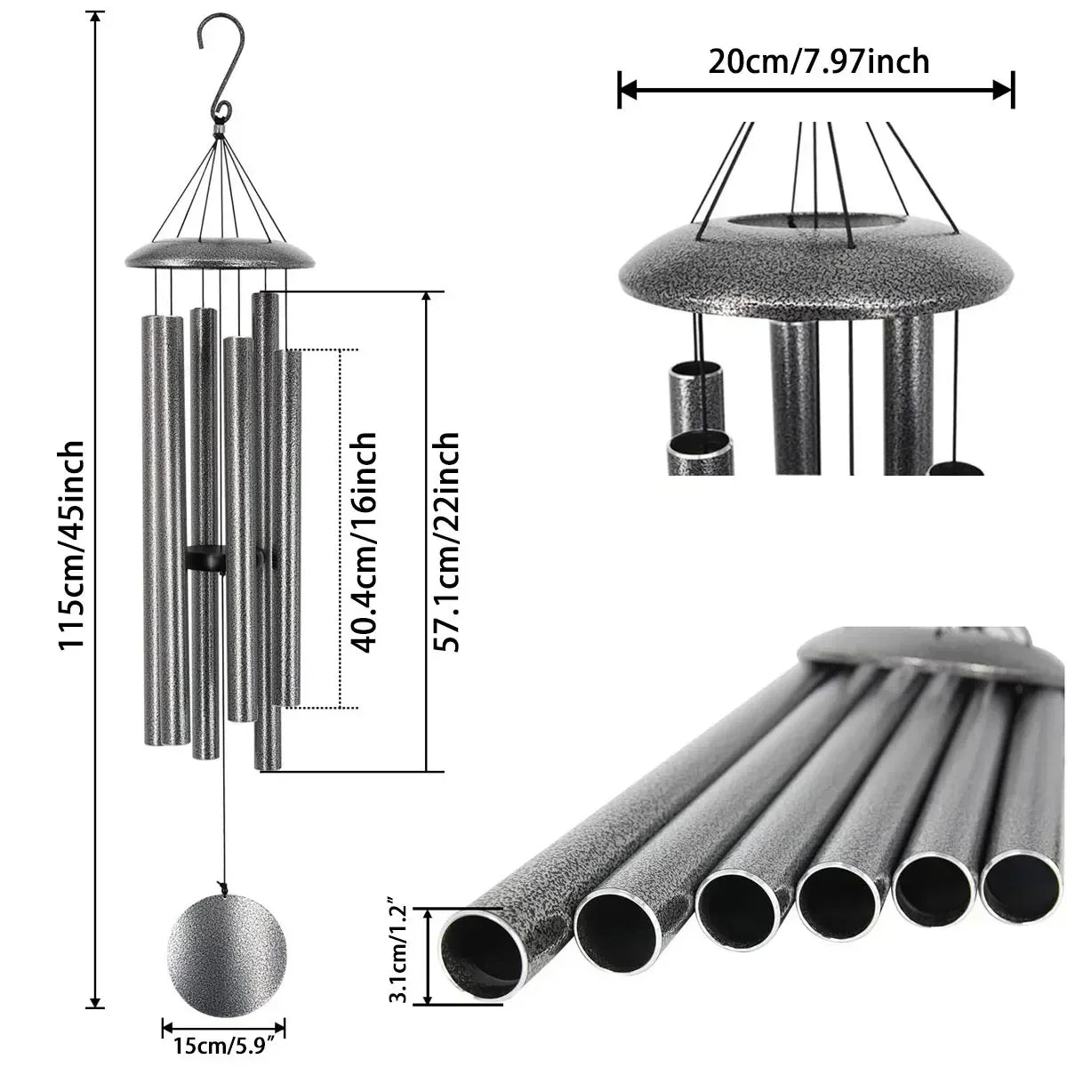 45 Inch Deep Tone Windchime Adjustable Tone Wind Chime Pendant Wind Chimes Bells Balcony Hanging Ornament Garden Home Decorative