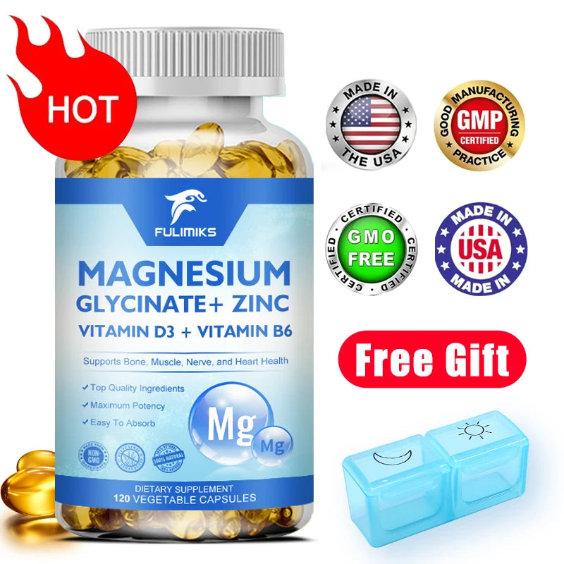 Magnesium Glycinate + Zinc Supplement Capsules, High Absorption, Support Sleep Health, Bone Joint, Brain, Strengthen Immune