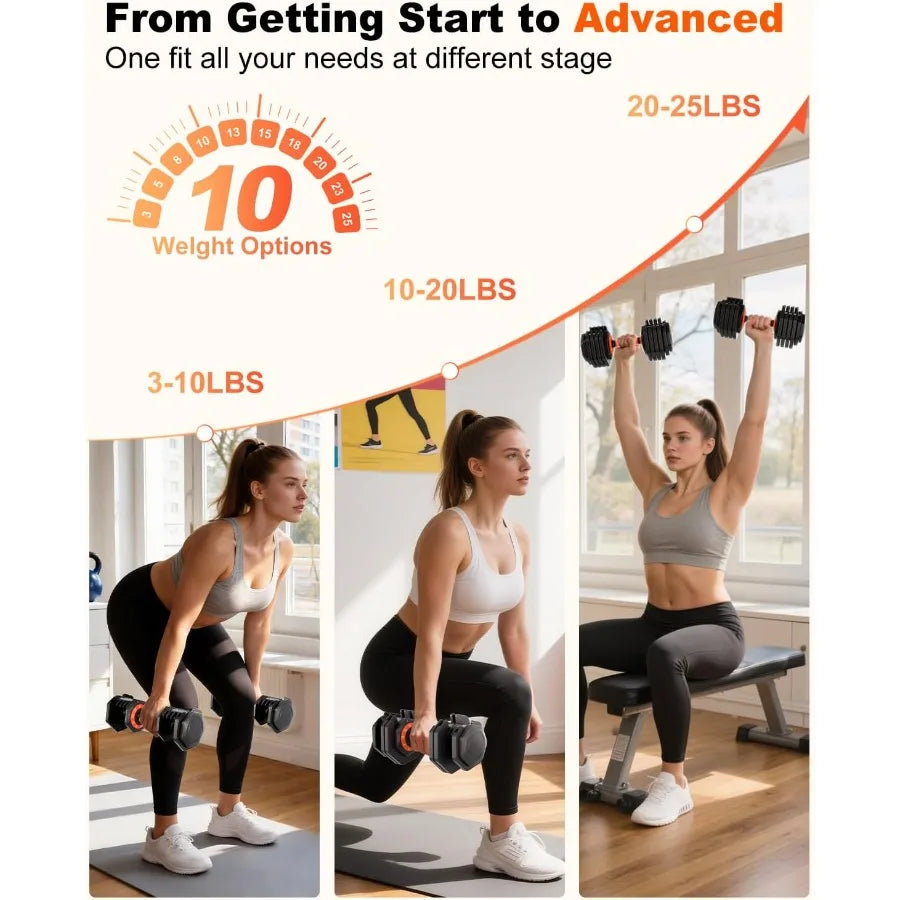 2026 Latest Adjustable Dumbbell Set of 2 Quick Switch Weights in 3lbs Increments 25lbs Pair Weights Dumbbell Set with Storage T