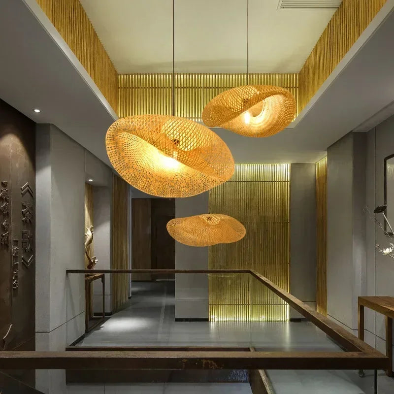 Chinese Zen Inspired Handmade Retro Bamboo Woven LED Pendant Light Living Room Lighting Decoration Rattan Woven Light