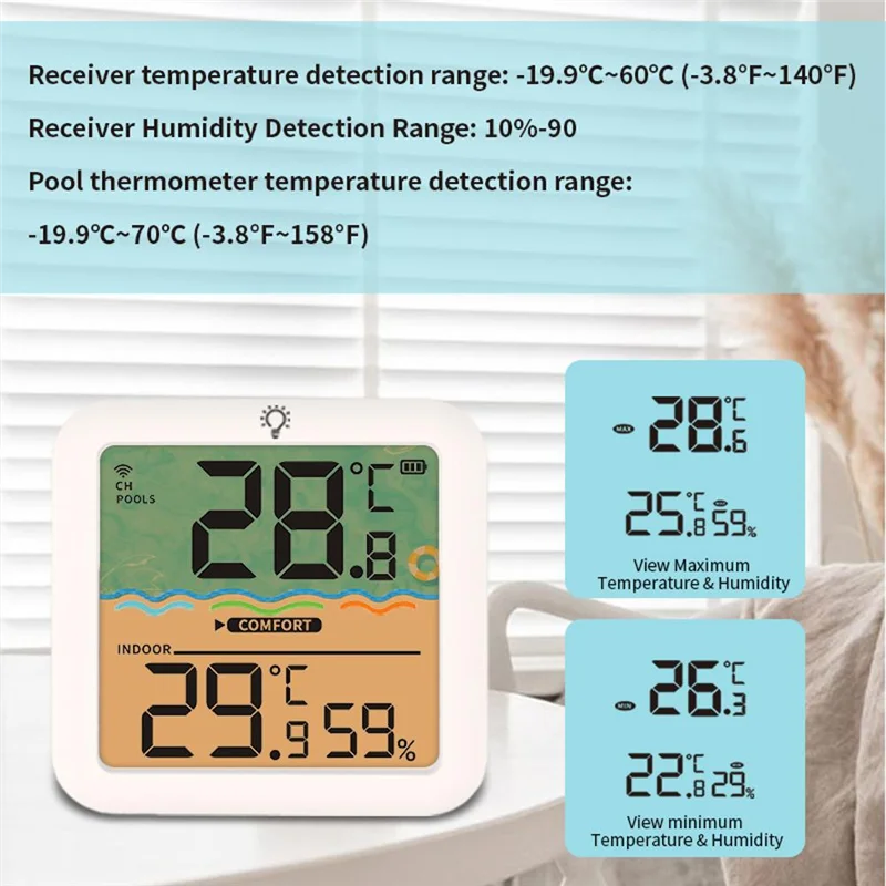 Digital Pool Thermometer Floating With Easy Read Solar Panel, LED Screen, IP68 Waterproof And RGB Light For Swimming Poolsabkw