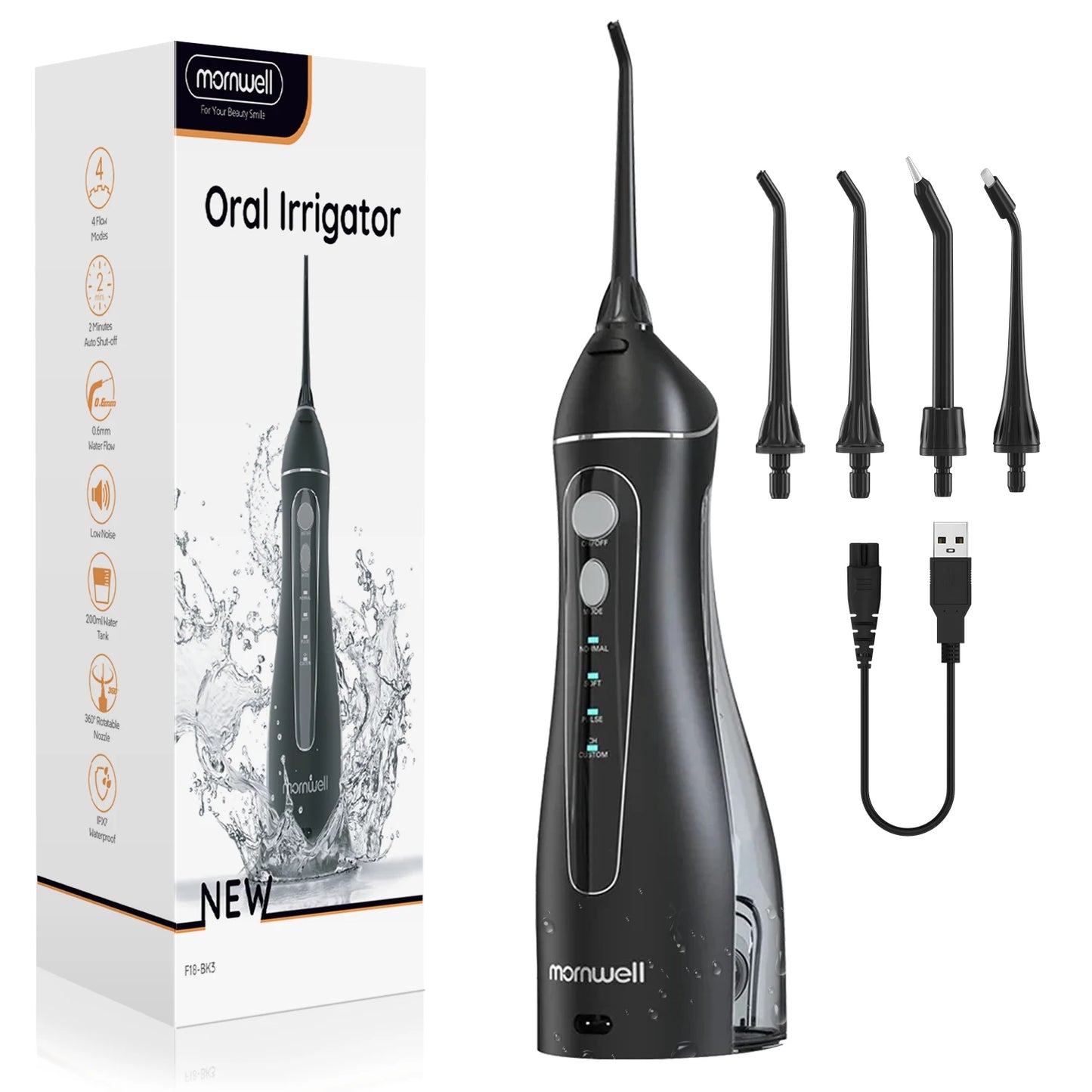 Portable F18 Water Flosser 4 Modes Water Floss USB Rechargeable 4 Nozzles Oral Water Jet 200ml Water Tank Waterproof