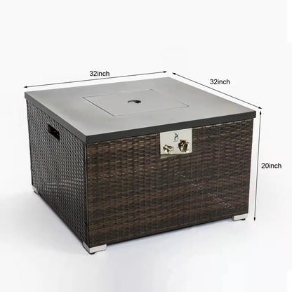 32 Inch Square Design Propane Fire Pit Table Outdoor Dark Brown Wicker with Decorative Glass Rocks for Patio Garden Deck Heating