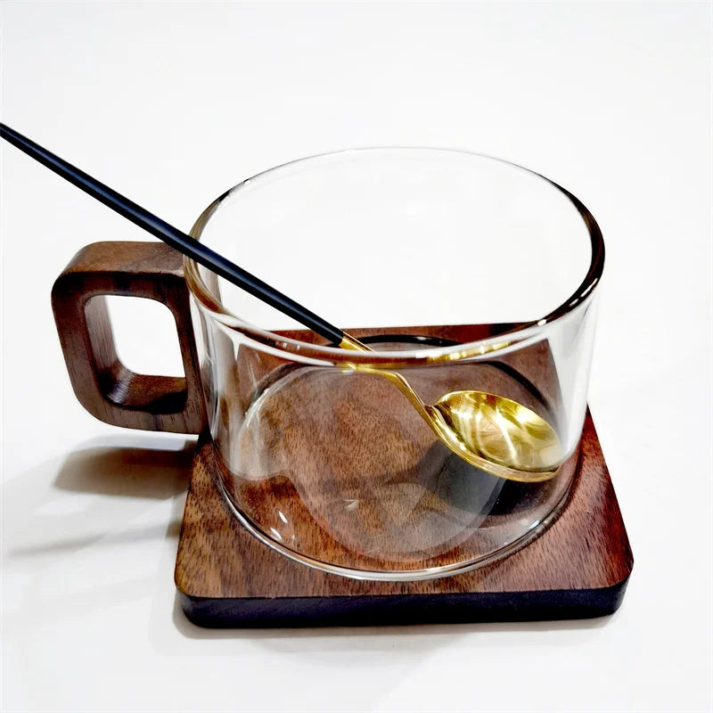 200ml Fresh Ground Latte Glass Coffee Mug With Wooden Tray Spoon Heat-resistant Breakfast Milk Tea Mug American Coffee Cup