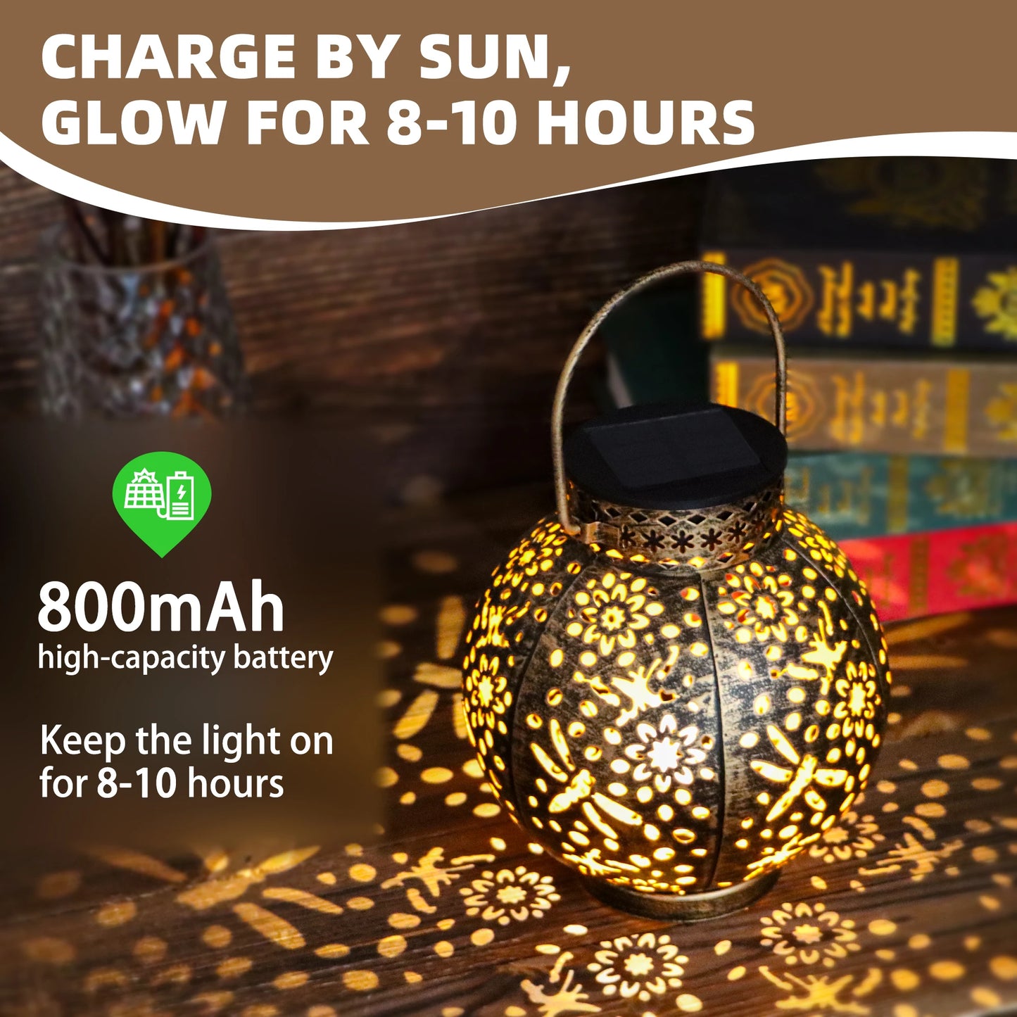 Outdoor Garden Landscape Decoration Solar Lights LED Metal Waterproof Round Lantern Lights Hanging Hollow Projection Lights IP65