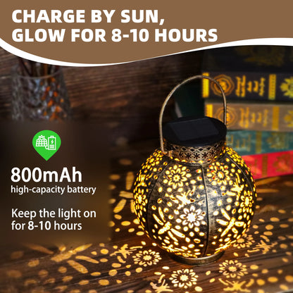 Outdoor Garden Landscape Decoration Solar Lights LED Metal Waterproof Round Lantern Lights Hanging Hollow Projection Lights IP65