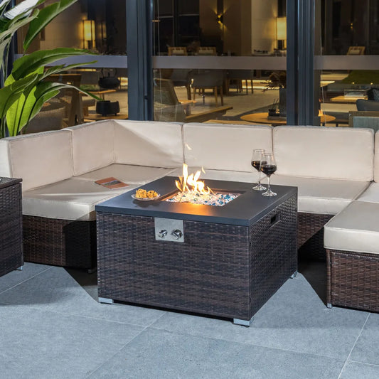 32 Inch Square Design Propane Fire Pit Table Outdoor Dark Brown Wicker with Decorative Glass Rocks for Patio Garden Deck Heating