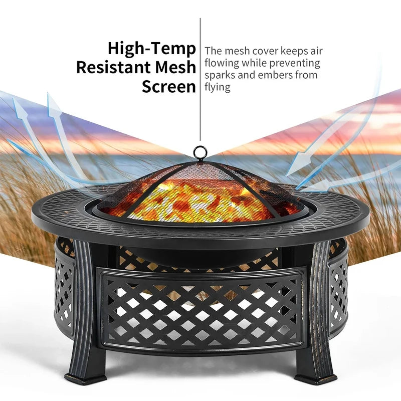 32-inch Fir Pit Bowl With BBQ Grill Camping Firepit Set Wood Burning Fireplace Outdoor Garden Heating Pit