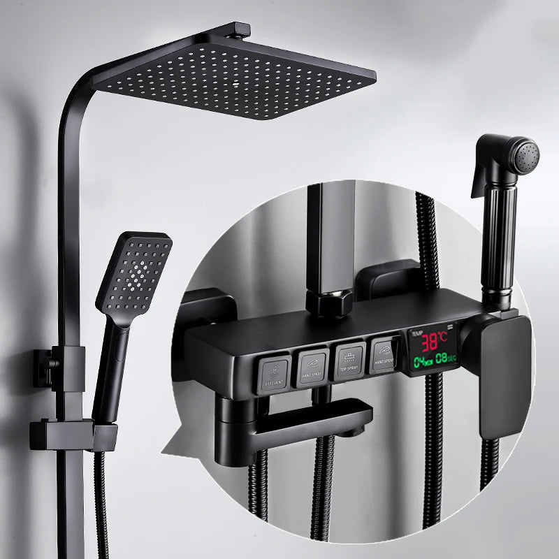 Thermostatic Digital Bathroom Shower Set Rainfall Shower Head Brass Bathroom Faucet Accessories Hot Cold Digital Shower System