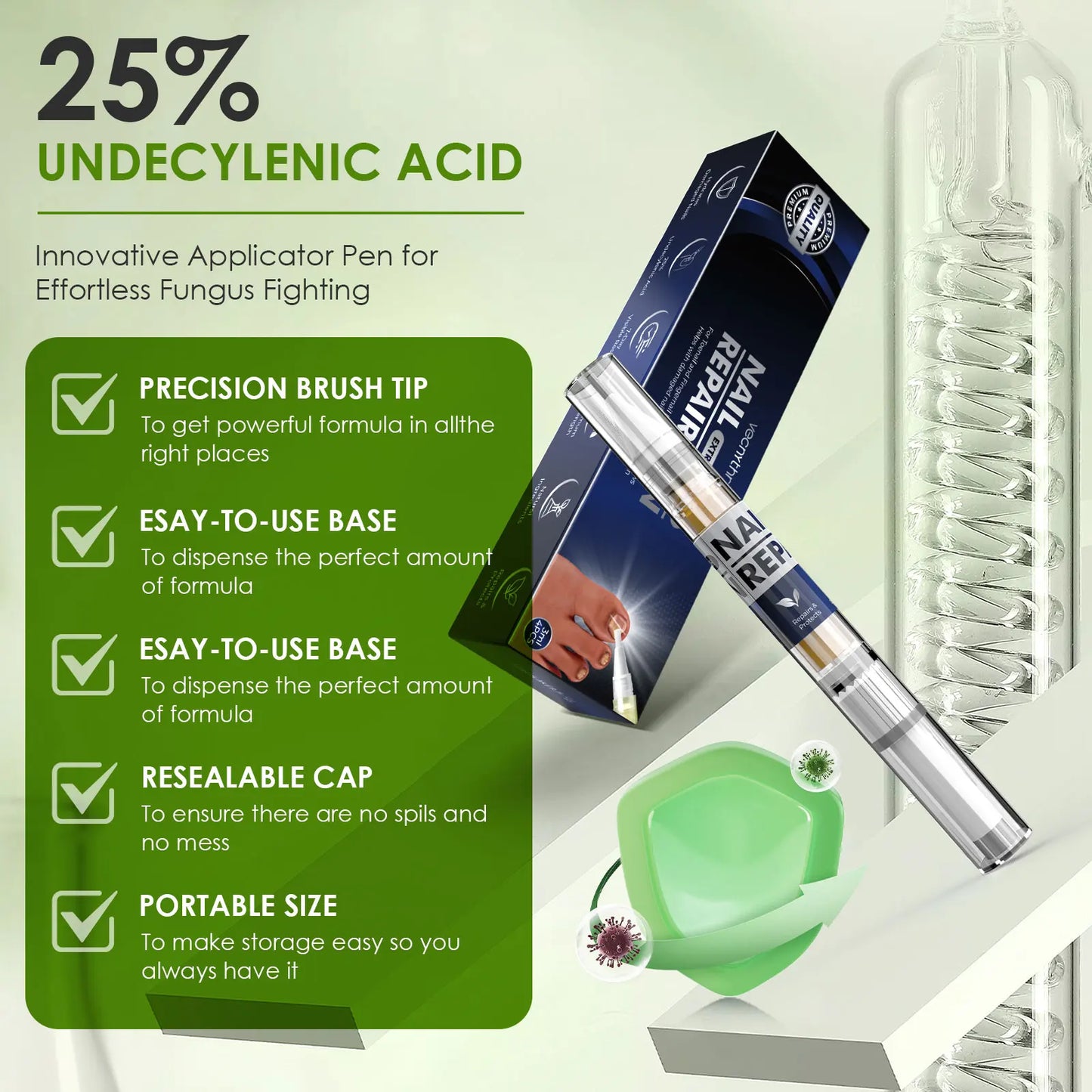 Nail Fungus Repair Essence Pen 3ml*4 Repair Fingernail 25%Undecylenic Acid Restores Appearance of Discolored Nail Foot Care Tool